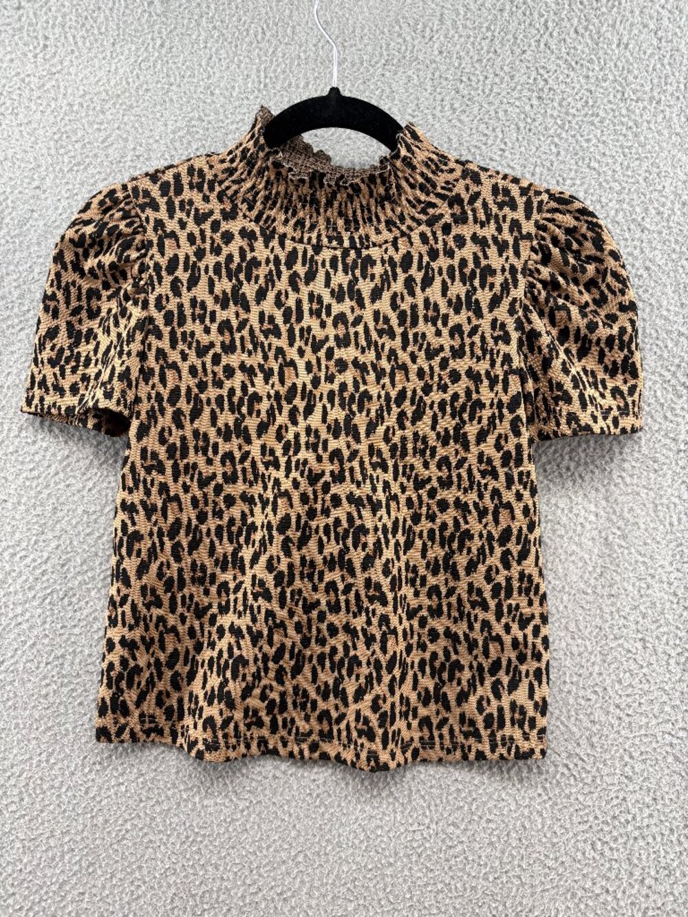 NWT Zara Brown Black Leopard Knit Puff Sleeve Smocked Mock Neck Top S - Picture 2 of 10